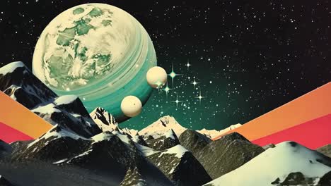 surreal video concept with a low-angle view of snowy mountains under a starry sky, featuring a giant