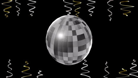 animation of party streamers and mirror disco ball on black background