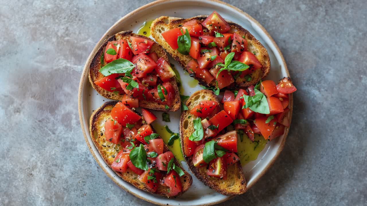 Lækker italiensk bruschetta med tomat og basilikum pynt