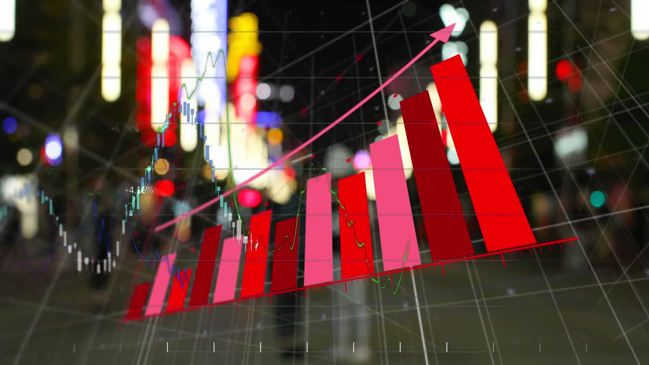 Animation of financial and statistical data processing against night city street