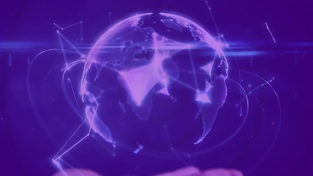 3D holographic globe being rendered above blurred hand showing glowing network lines linking nodes