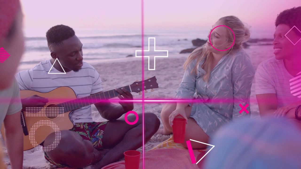 Guitarist starting strumming on beach mat at sunset, crew singing for fun, pink overlays sweeping