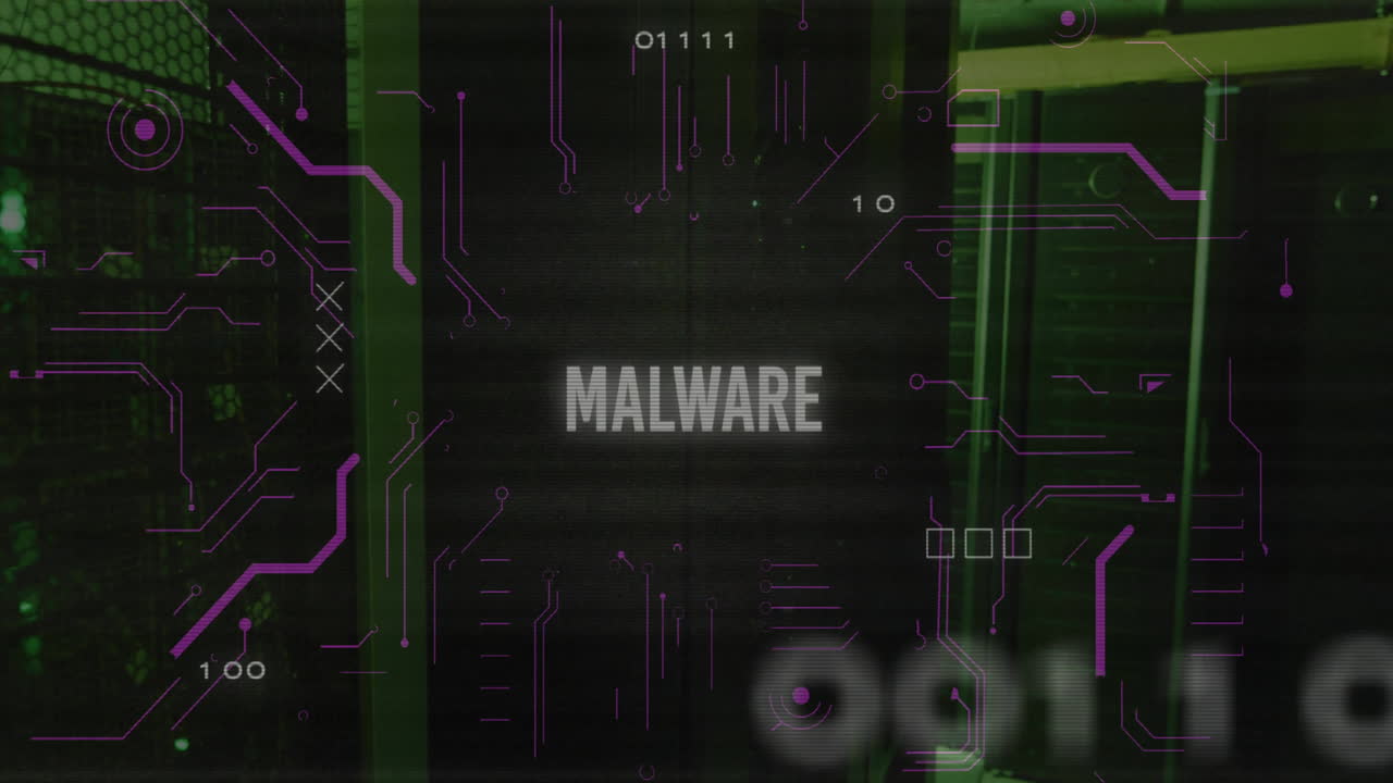Animation of malware text over data processing and server room