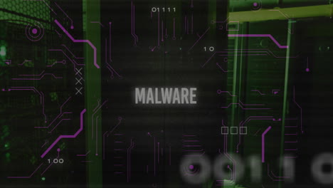 animation of malware text over data processing and server room