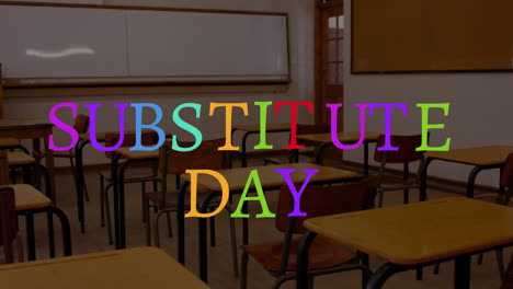 animation of substitute day text over empty classroom