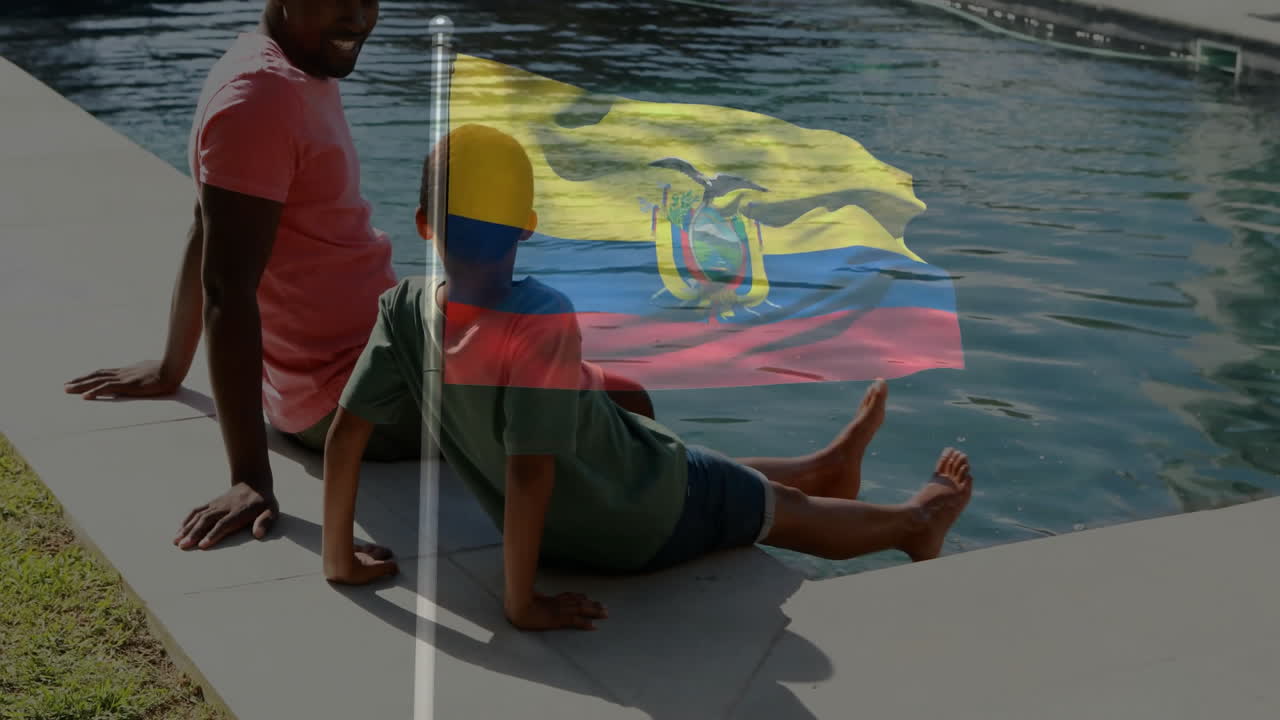 Sitting by pool, father and child with Ecuador flag animation overlay