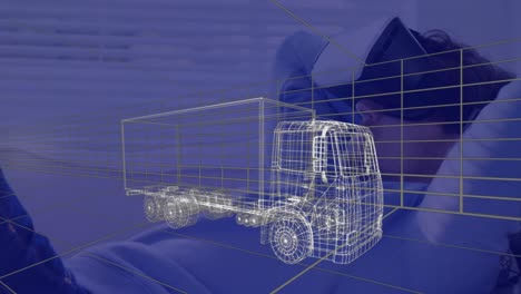 animación de dibujo técnico 3d de camión, sobre el hombre en casa con auriculares vr
