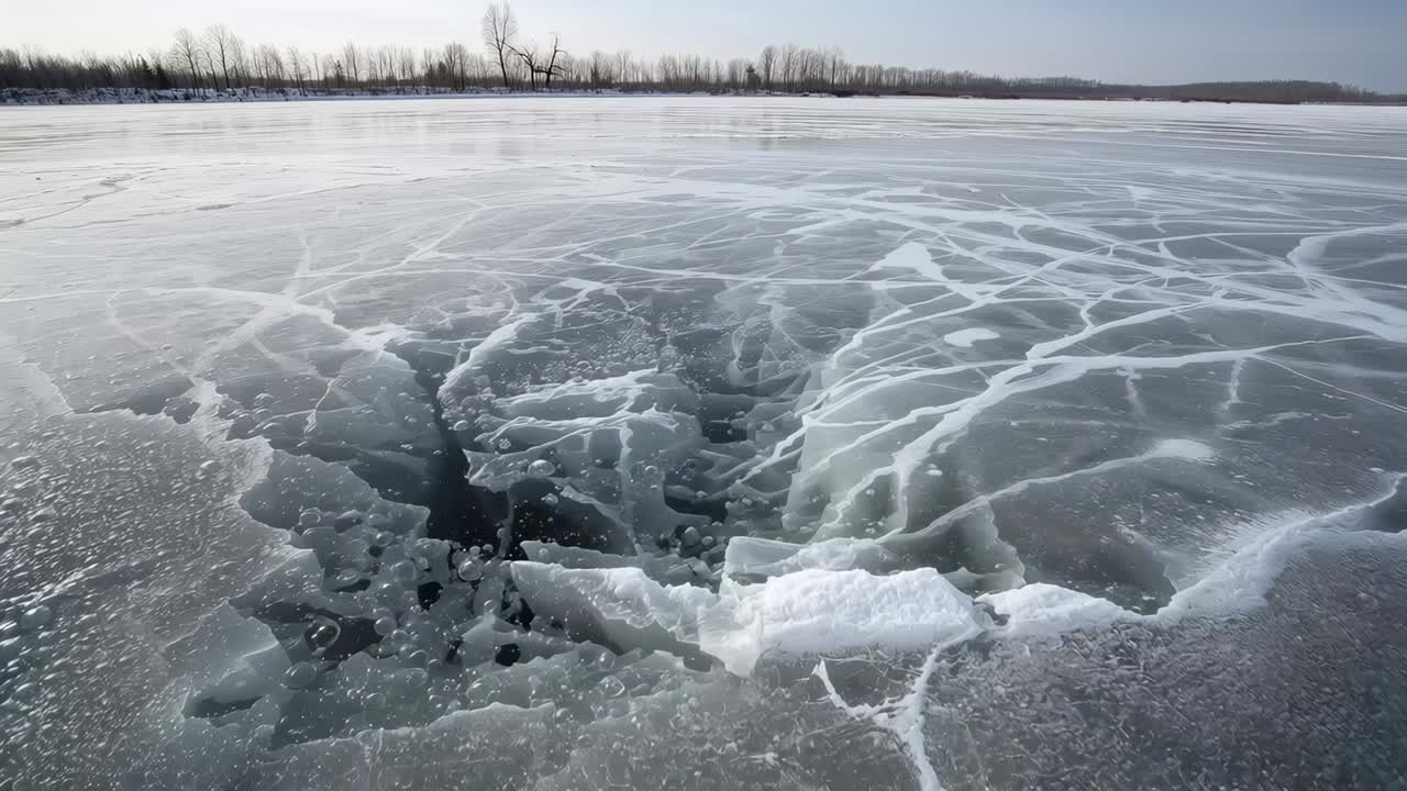 Grabación con cámara de la fisura central del hielo que muestra burbujas y los bordes de la placa en un lago helado, seguimiento de los cambios