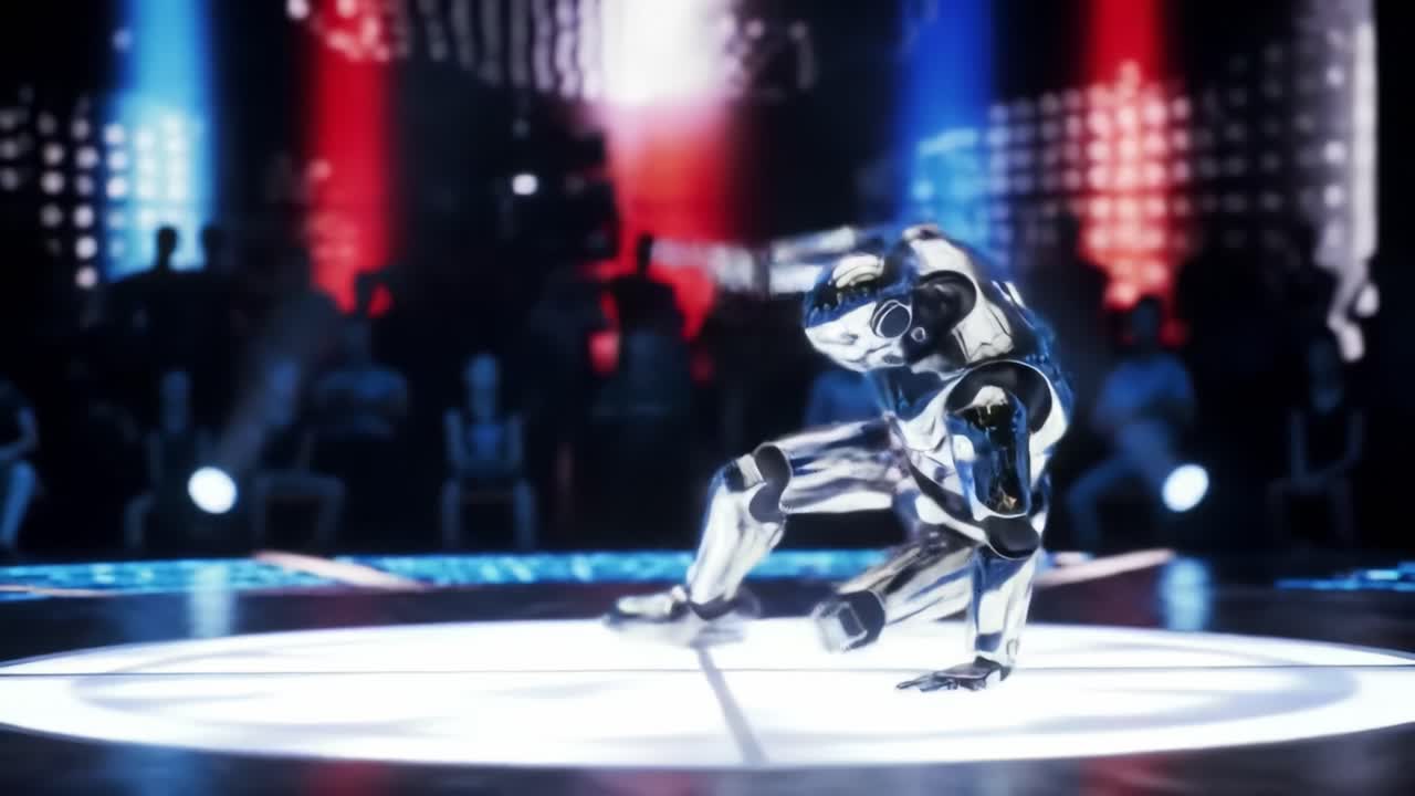 A robot showcases an extraordinary breakdance performance in front of a captivated crowd. The stage is alive with colorful lights, enhancing the energy of this unique dance event.