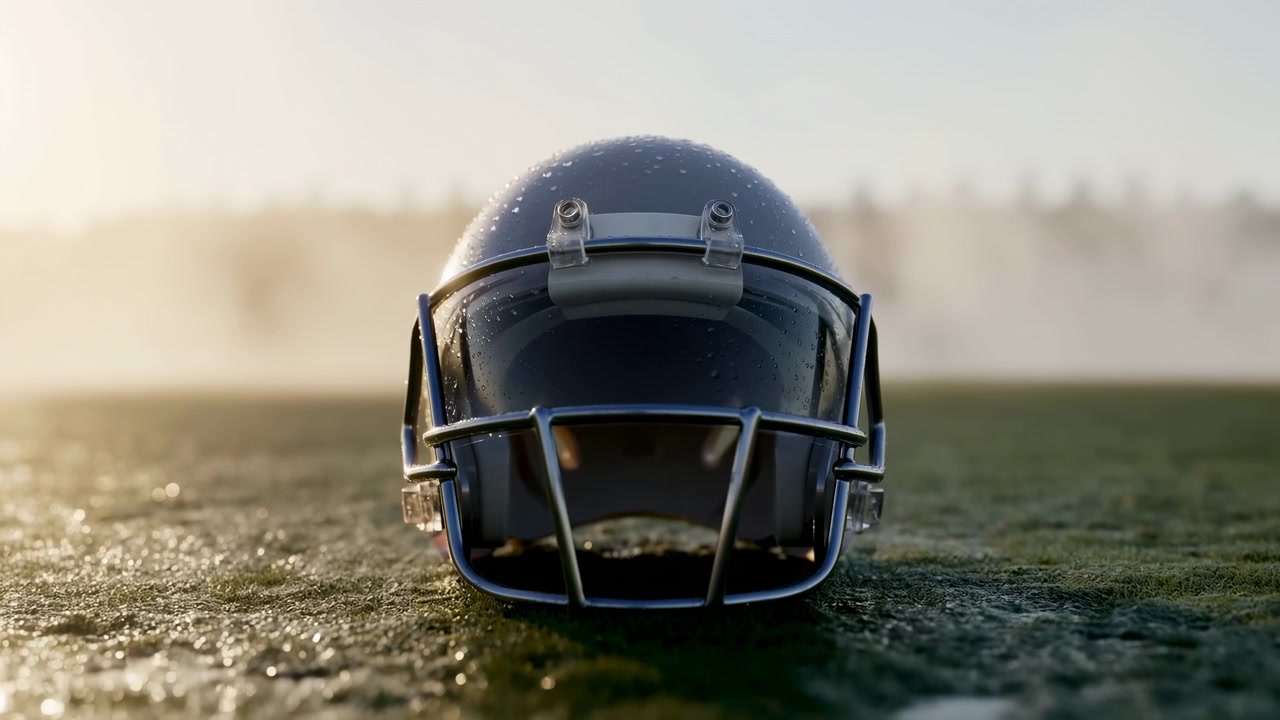 Cena em ângulo baixo mostra capacete de futebol americano em gramado salpicado de orvalho, enquanto a condensação, reflexos e luz de fundo suave enfatizam o casco brilhante, a viseira transparente e a textura robusta do campo.