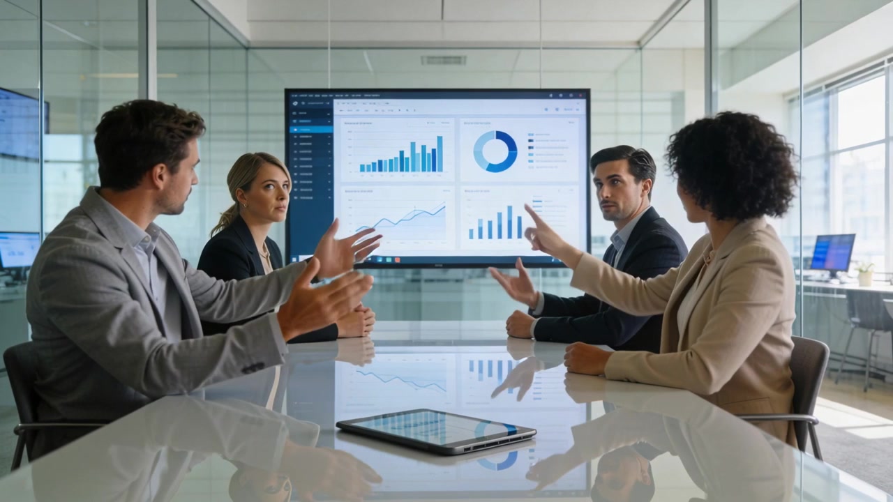 Pointing right man making team in suits turning to monitor, analyzing charts at table with tablet