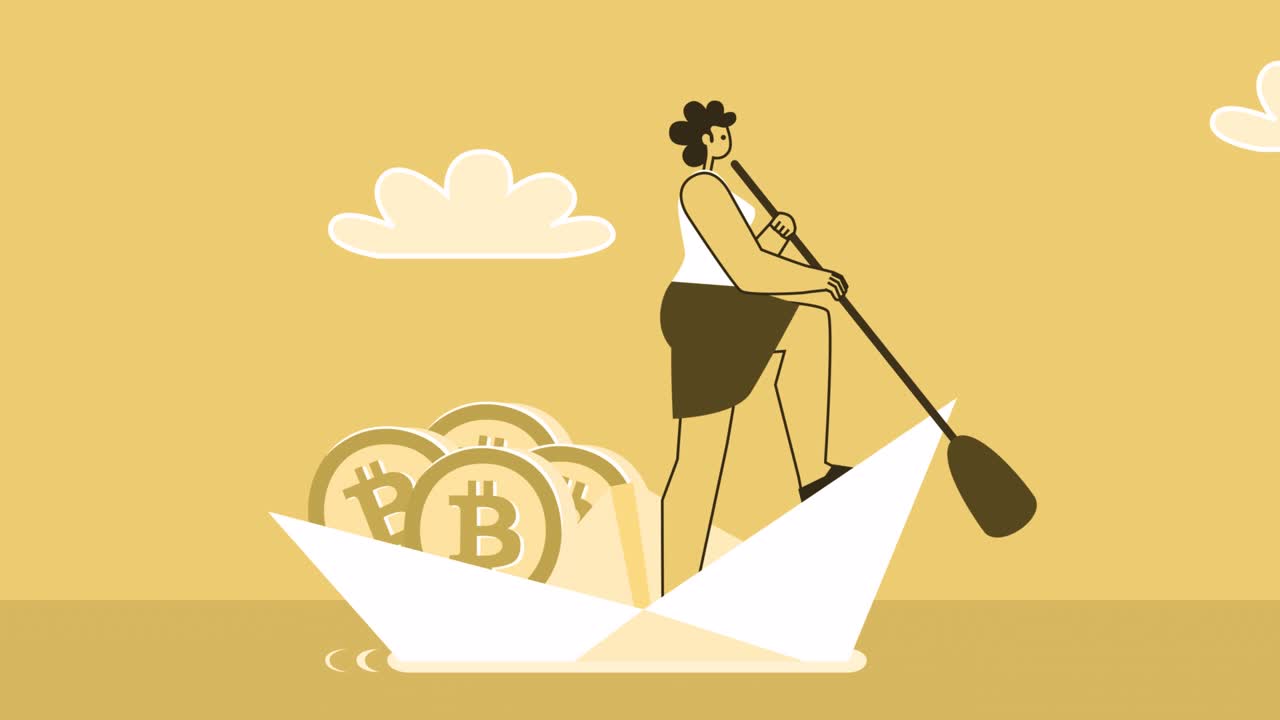 노란색 스타일의 여성, 평평한 캐릭터, 비트코인과 함께 종이 선박에서 항해하는 로버, 알파 채널과 함께 고립된 루프 애니메이션