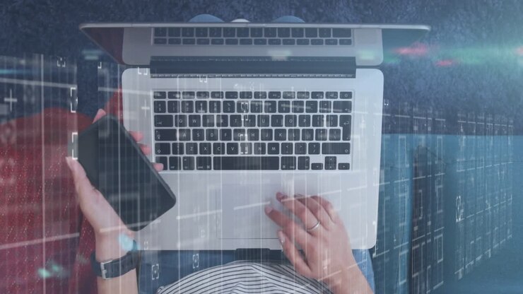 Animazione di elaborazione dati su un uomo d'affari che usa un tablet e un furgone