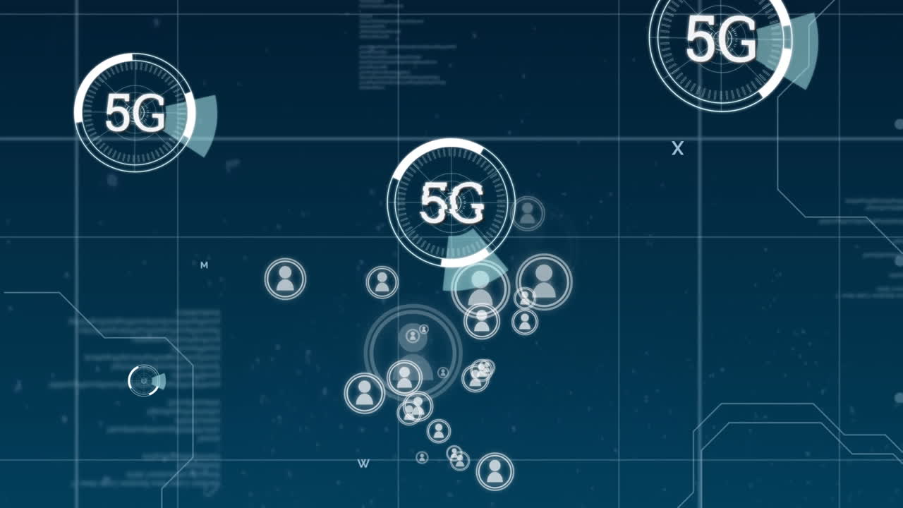 Animation of network of connections and scopes scanning with 5g text over blue background