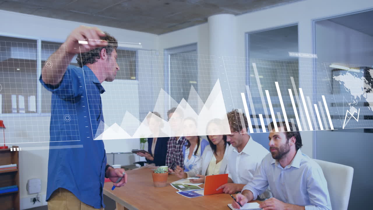 Business presentation with data analytics animation over diverse team ...