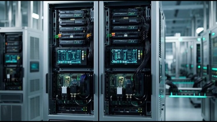 Modern Server Rack in a High-Tech Data Center