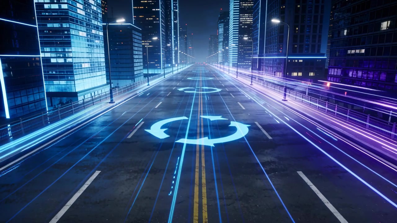 Projecting hologram arrows pulsing, rotating over road at night, guiding traffic with neon trails