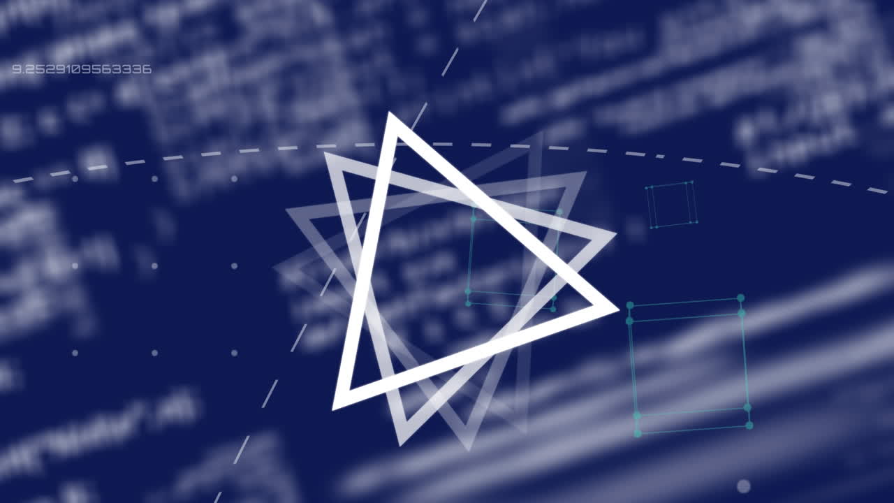 animación de triángulos girando y procesamiento de datos en fondo púrpura