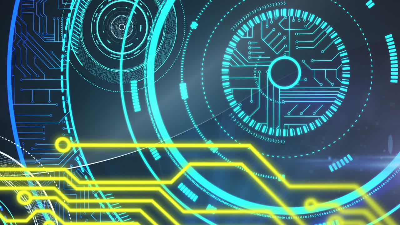 Animation of yellow shapes moving over blue microprocessor connections