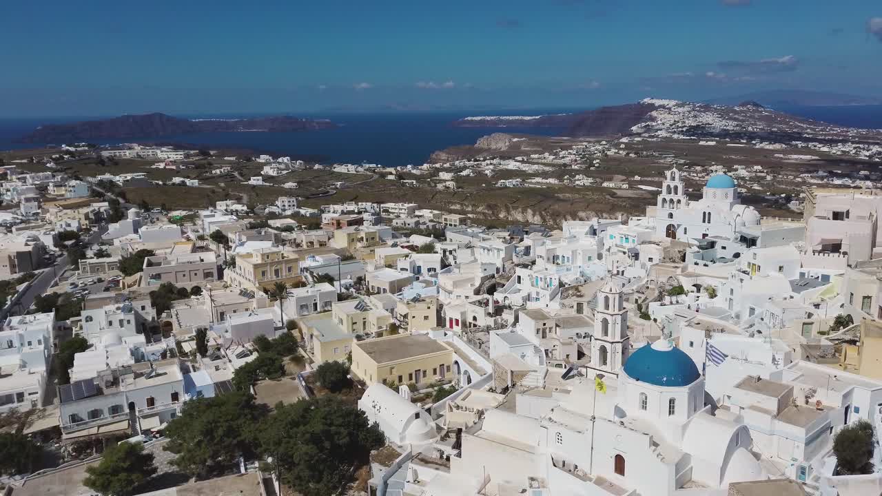 4k aerial drone view white houses greek island santorini Pyrgos Pirgos