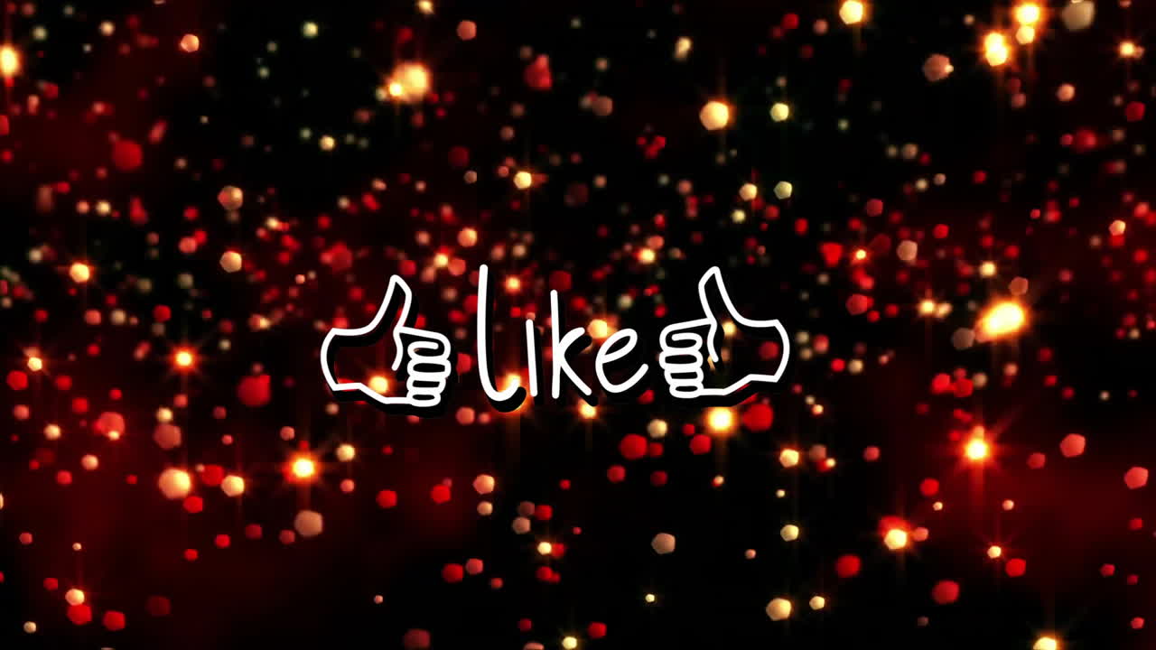 Like word being animated on dark black graphic, with white thumbs-up icons and glowing bokeh lights