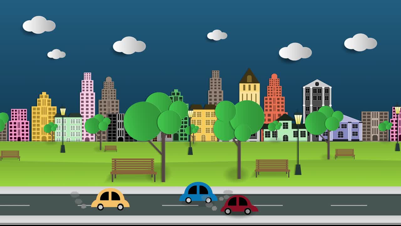 centro de negocios gráfico de movimiento y rascacielos históricos con carretera autopista avenida transporte tráfico callejero.