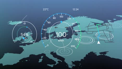 animation of car gauge and data processing over map of europe