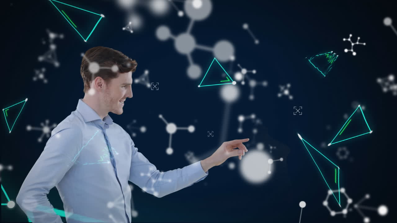 Анимация мужчины европеоидной расы, использующего 3D интерактивный планшет с плавающими иконками формул молекул.