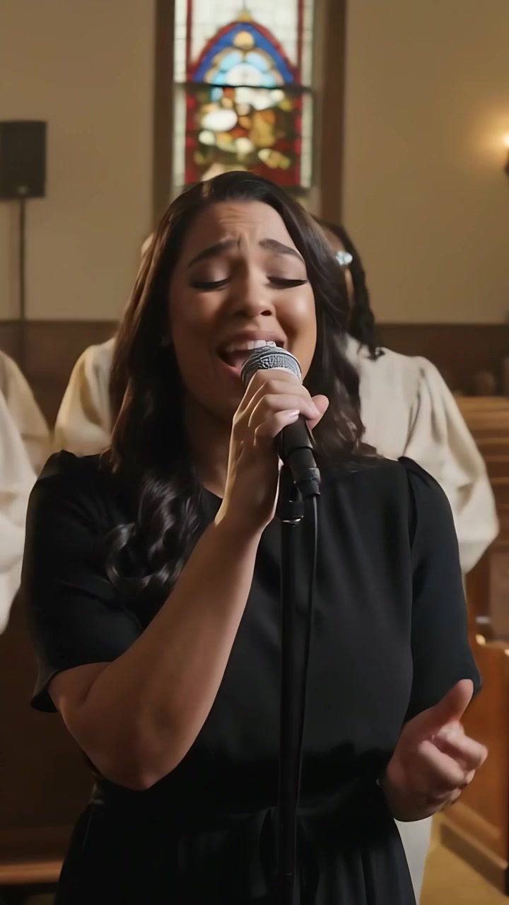 Vertical video: Starting song soloist in black dress with mic at church, choir in robes clapping