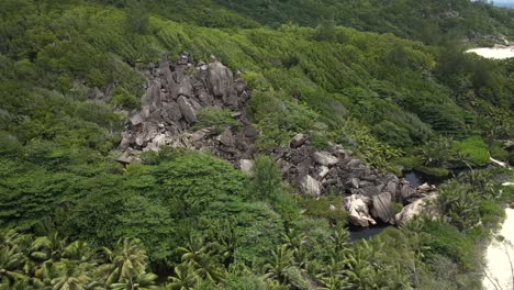 Paisajes-En-La-Isla-La-Dique-En-Seychelles-Filmados-Con-Un-Dron-Desde-Arriba-Que-Muestra-El-Océano,-Rocas,-Palmeras