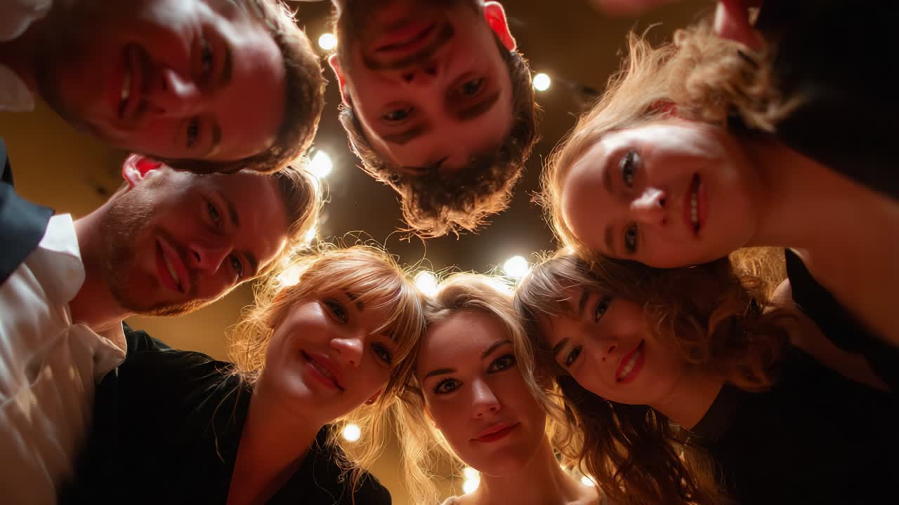 A group of friends gathers joyfully in a circular formation, capturing the moment from above while looking down, under soft lighting that creates a warm atmosphere full of smiles and laughter