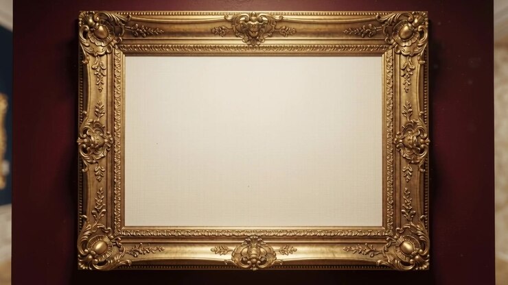 Zooming camera on cue dollying toward ornate gilded frame in gallery showing blank canvas