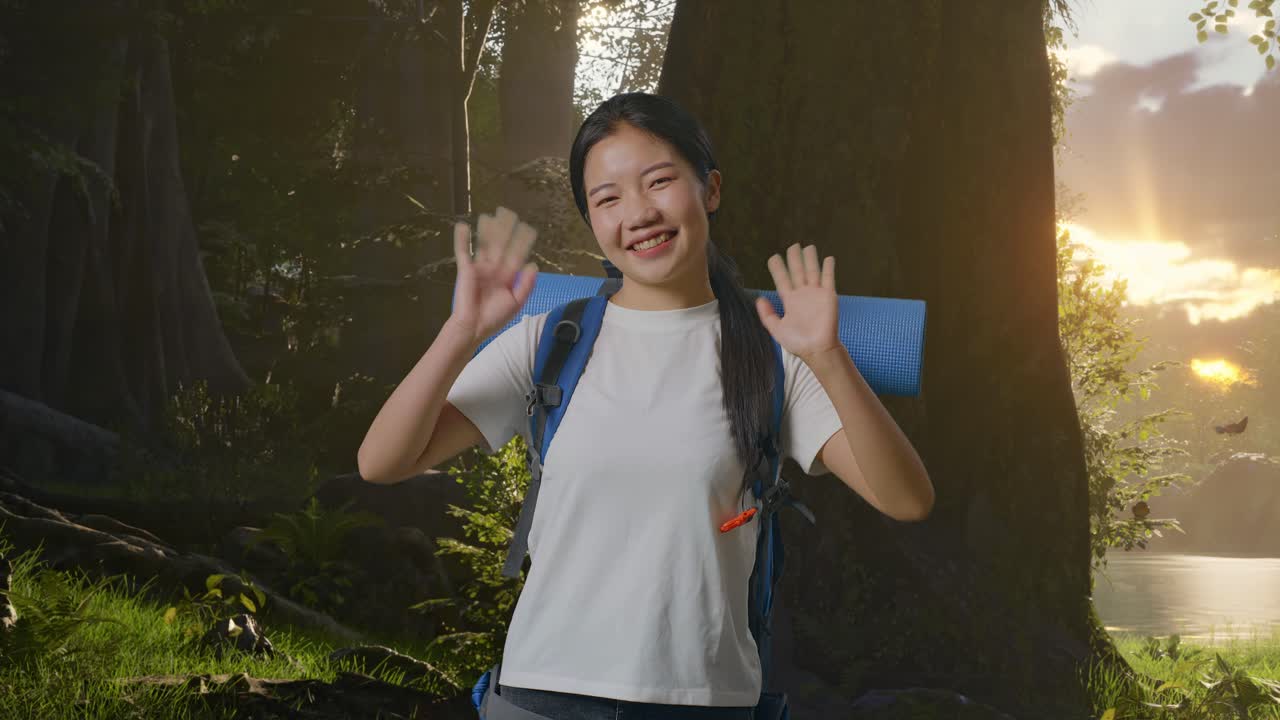 해가 뜨면 숲에서 산책하는 행복한 여자