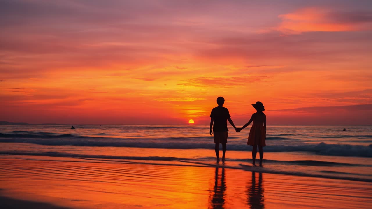 A Romantic Sunset on the Beach: A Couple Strolling Hand in Hand While the Sun Sets Over the Calm Ocean, Creating a Breathtaking View of Nature's Beauty