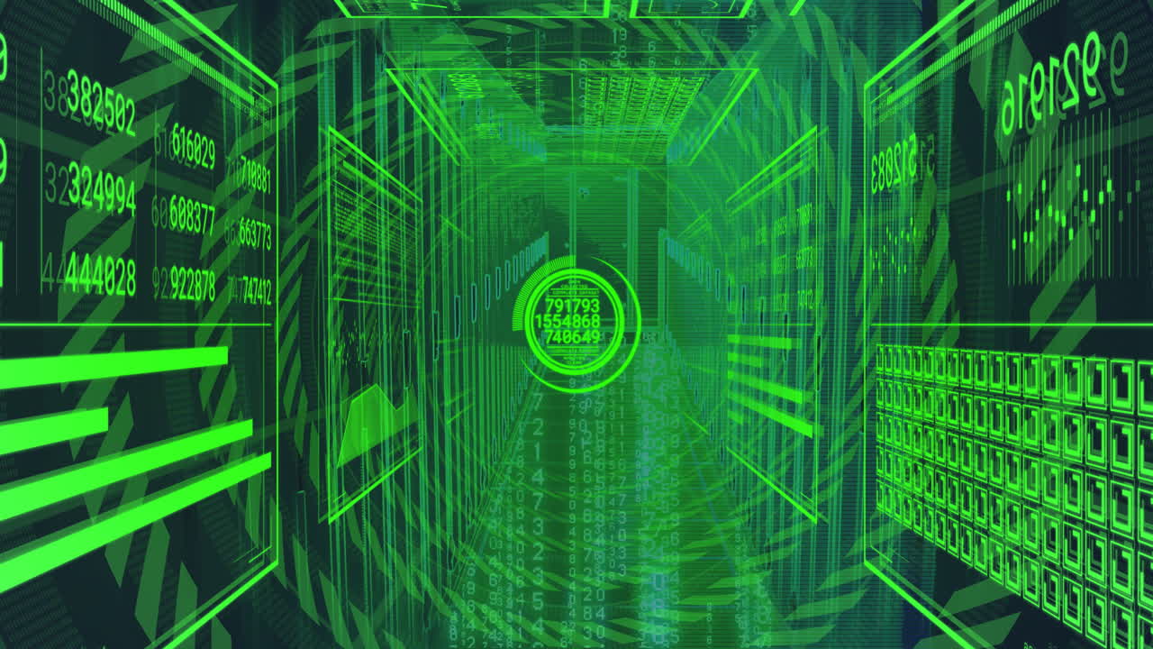 Animation of green numbers and graphs in futuristic virtual tunnel interface