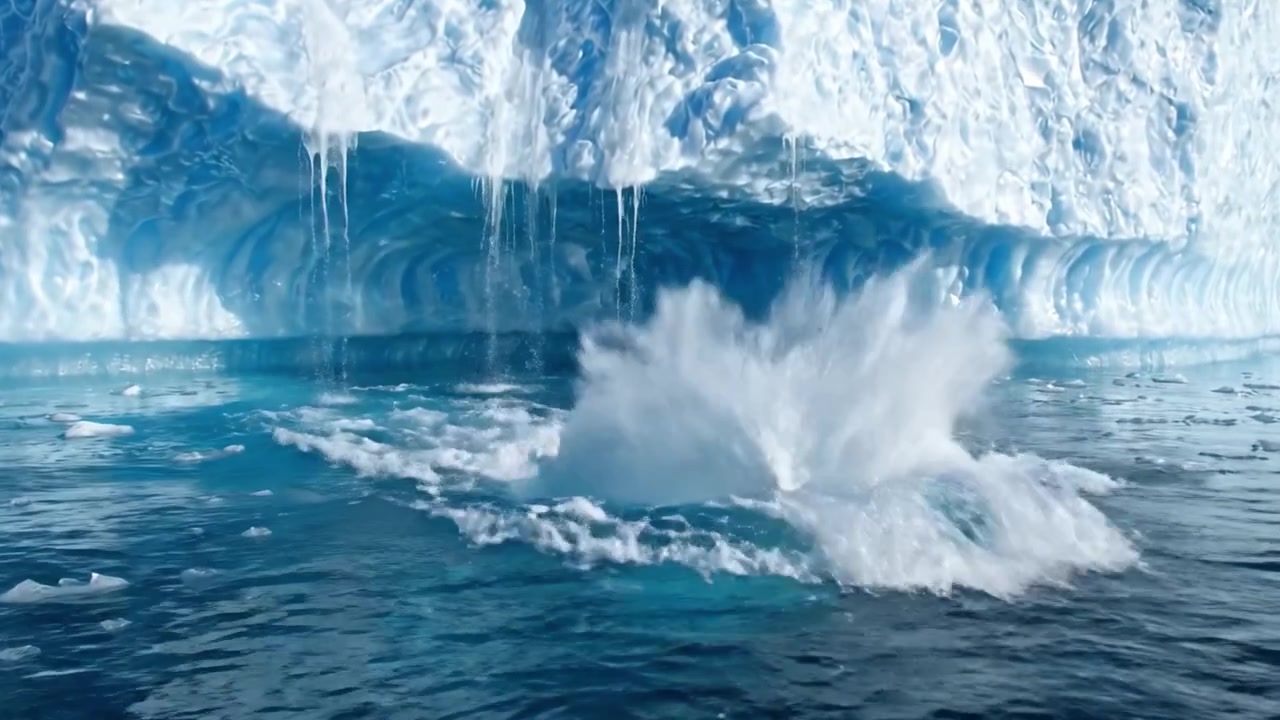 Majestic Glacier Calving Into Serene Waters: A Stunning Natural Display of Ice Breaking Off Into the Ocean Under Clear Blue Skies
