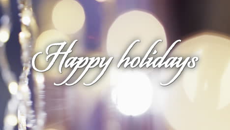 animation of happy holidays text over yellow spots of light background