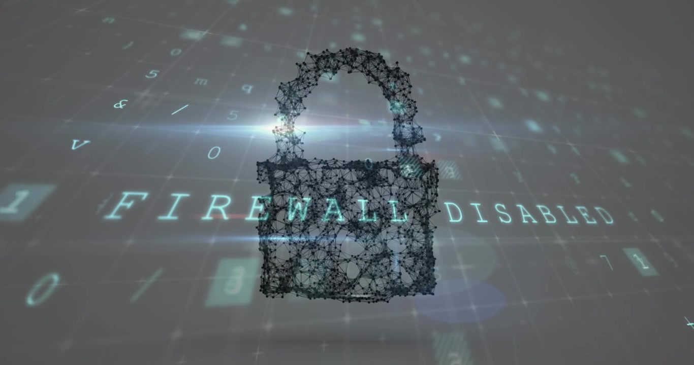 Animation of cyberattack text, data processing over security padlock