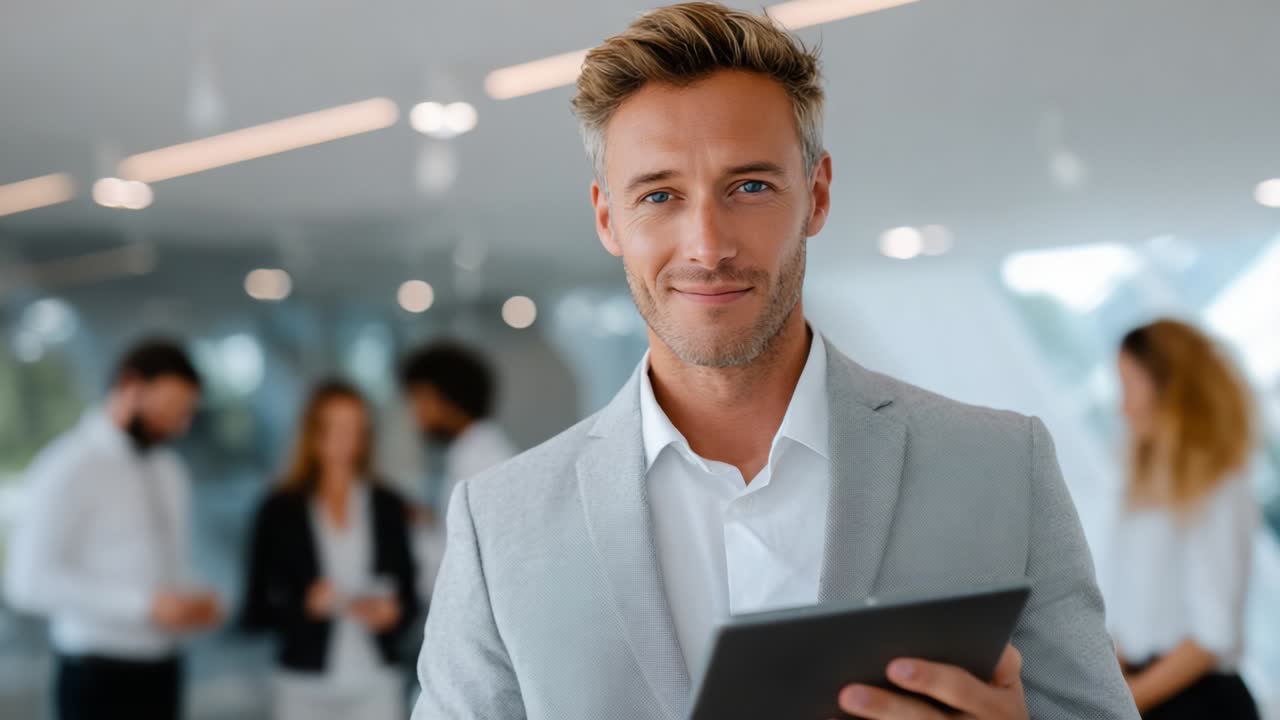 Ein professioneller Geschäftsmann im grauen Anzug, der lächelt, während er ein Tablet hält und die Essenz der modernen Bürokultur einfängt, wobei sich KollegInnen im Hintergrund unterhalten
