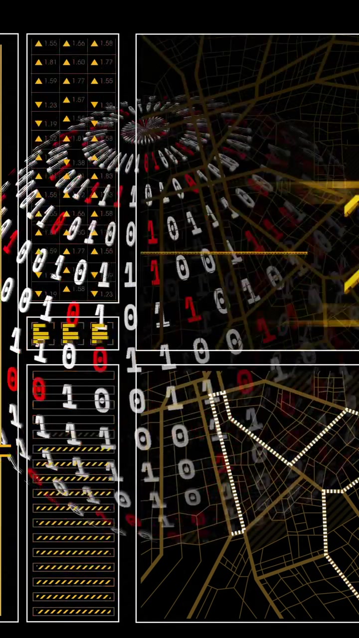 Animation of financial data processing over globe with binary coding