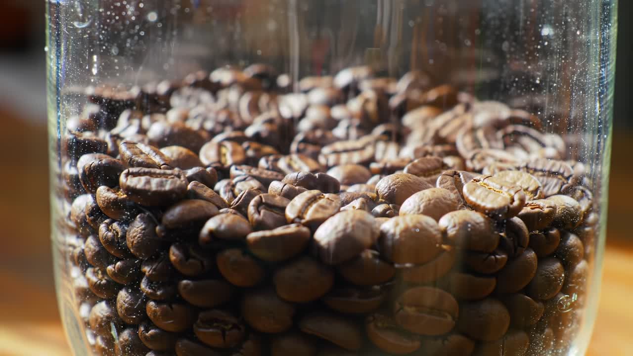 A Close-Up View of Freshly Roasted Coffee Beans in a Clear Jar, Highlighting Their Rich Color and Texture Amidst a Morning Light Reflection