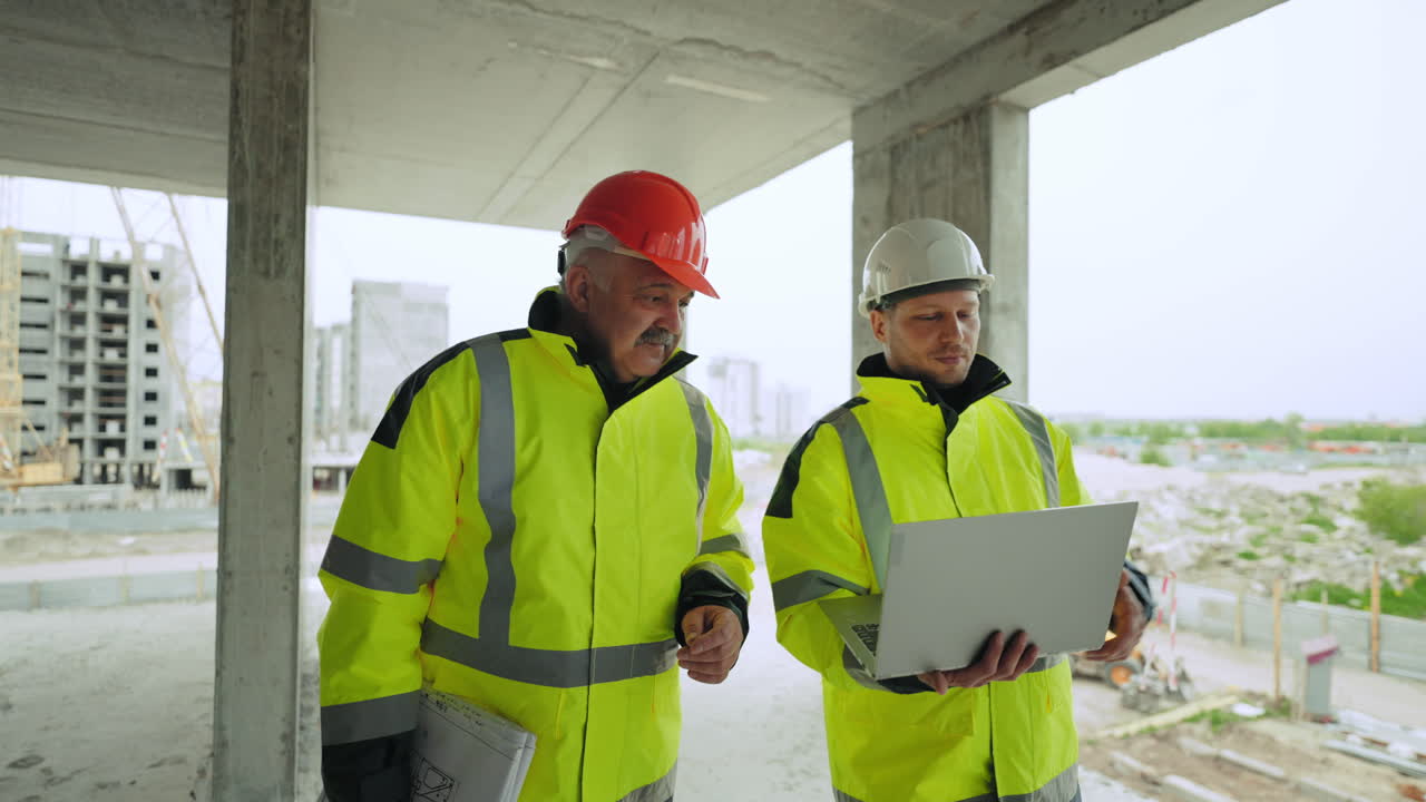civil engineer and architect with laptop are examining under-construction building building inspection