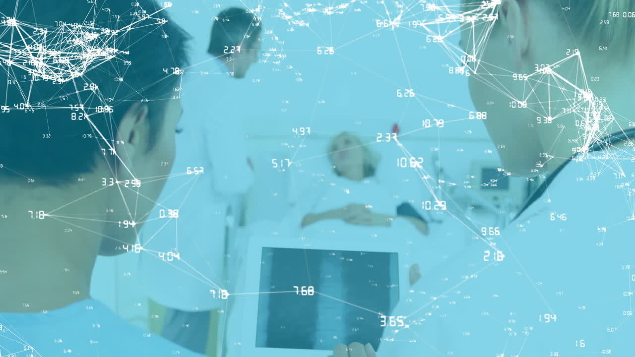 Using tablet, medical professionals processing data with network connections animation