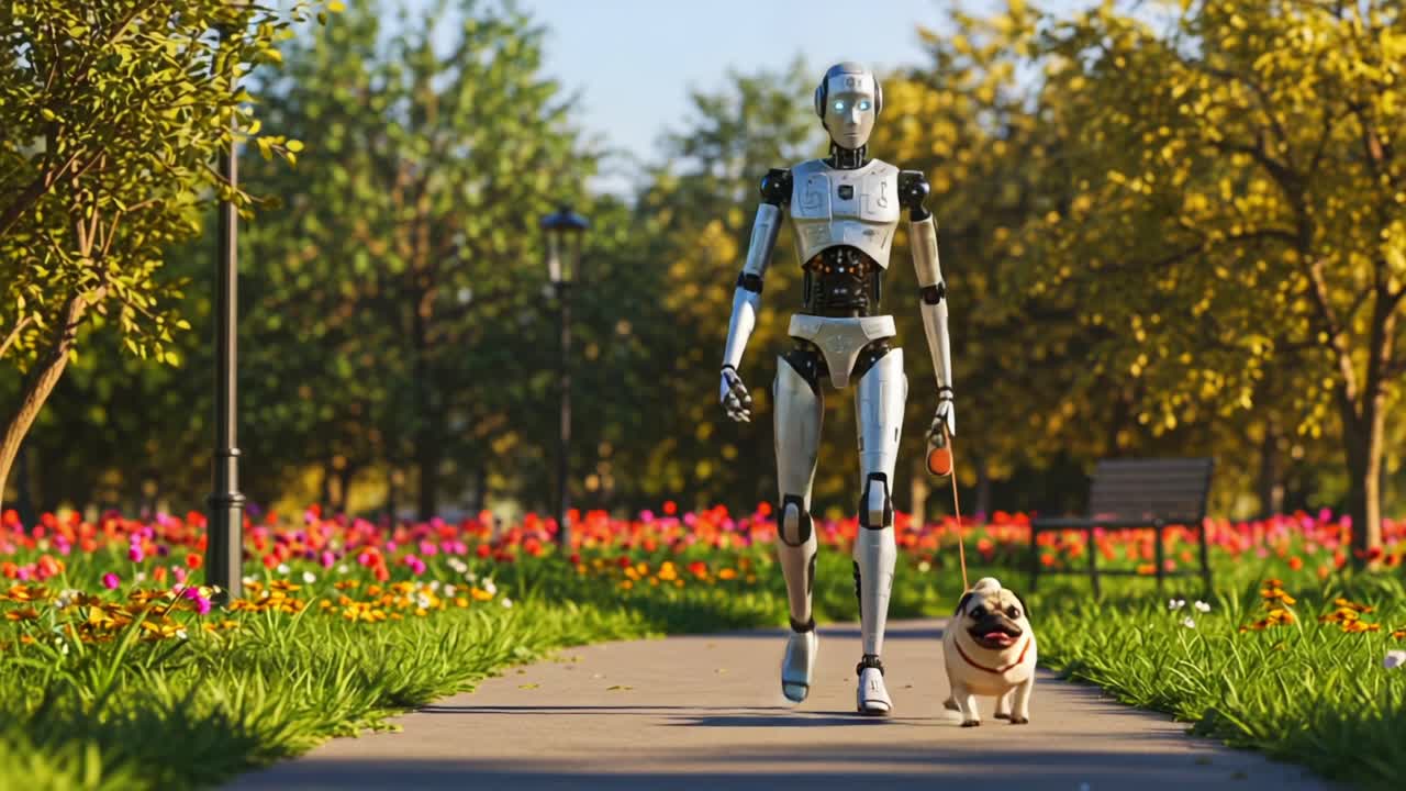 A Humanoid Robot Taking a Joyful Stroll with a Playful Pug Dog Through a Beautifully Flowered Park Pathway on a Bright Sunny Day