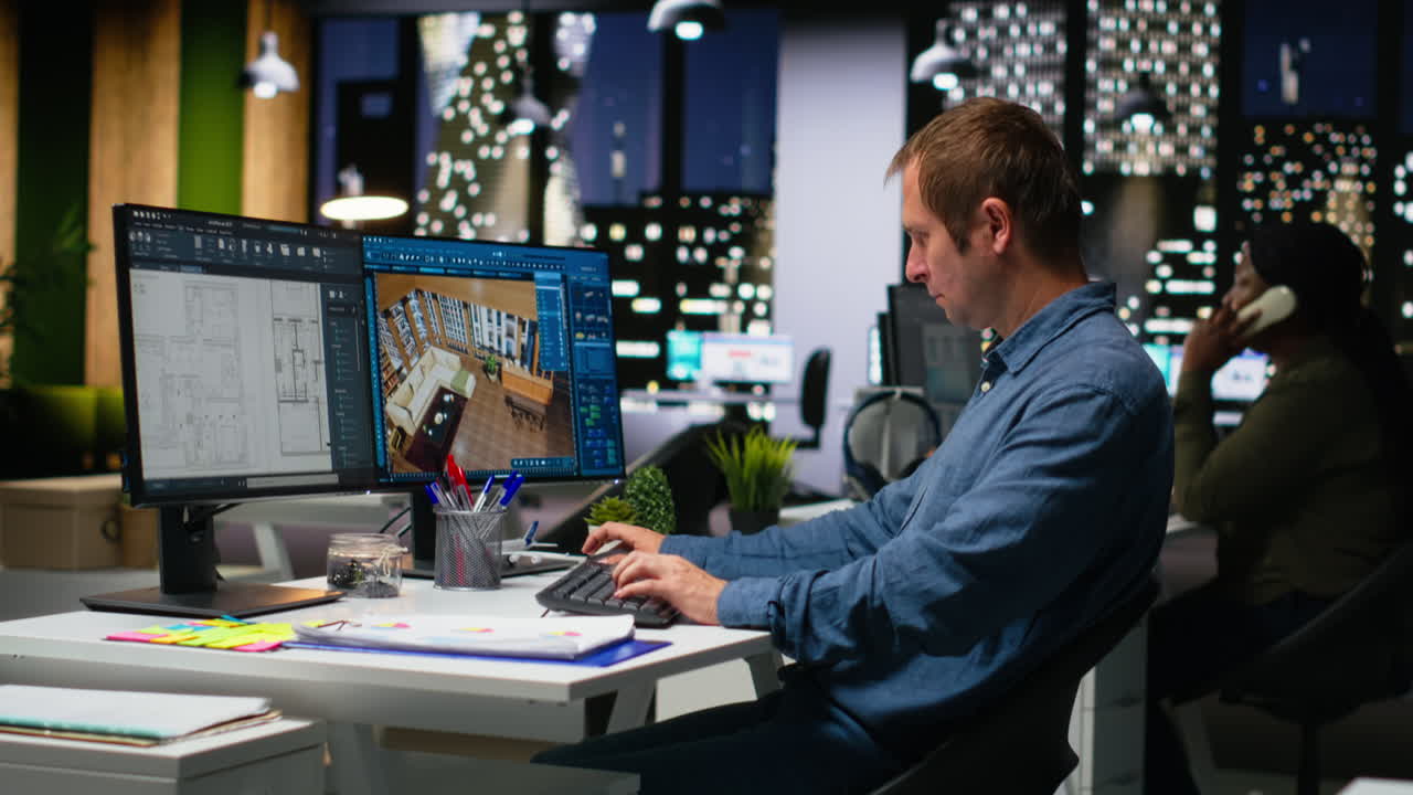 Male employee creates 3D render of an apartment interior using blueprints