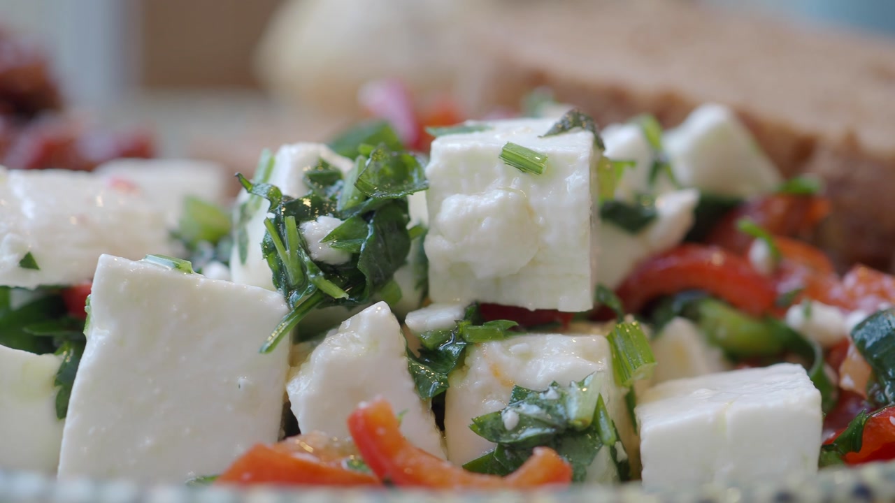 Fresh Feta Cheese Cubes with Herbs and Red Bell Pepper