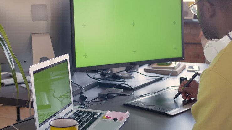 designer gráfico usando tablet de desenho digital e olhando para monitor com tela verde em um estúdio de animação