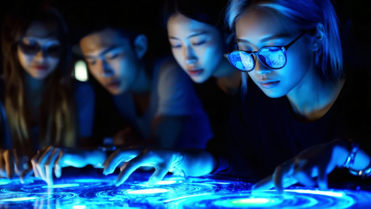 A Group Engages with Interactive Technology: Exploring Patterns and Visuals through Touch in a Colorful Light Display with Friends, Showcasing Innovation and User Experience