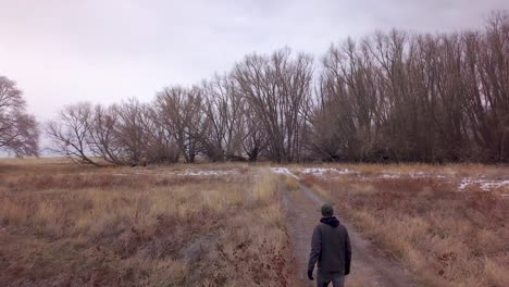 A-man-walks-along-a-rural-path-in-a-grassy-field---passing-shot-from-behind