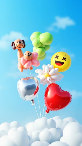 whimsical balloons floating above clouds